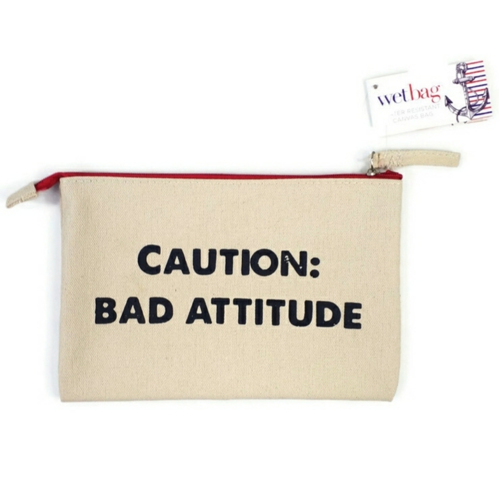 Gift Craft Beige Red Caution Bad Attitude Canvas Wet Bag One Size NWT